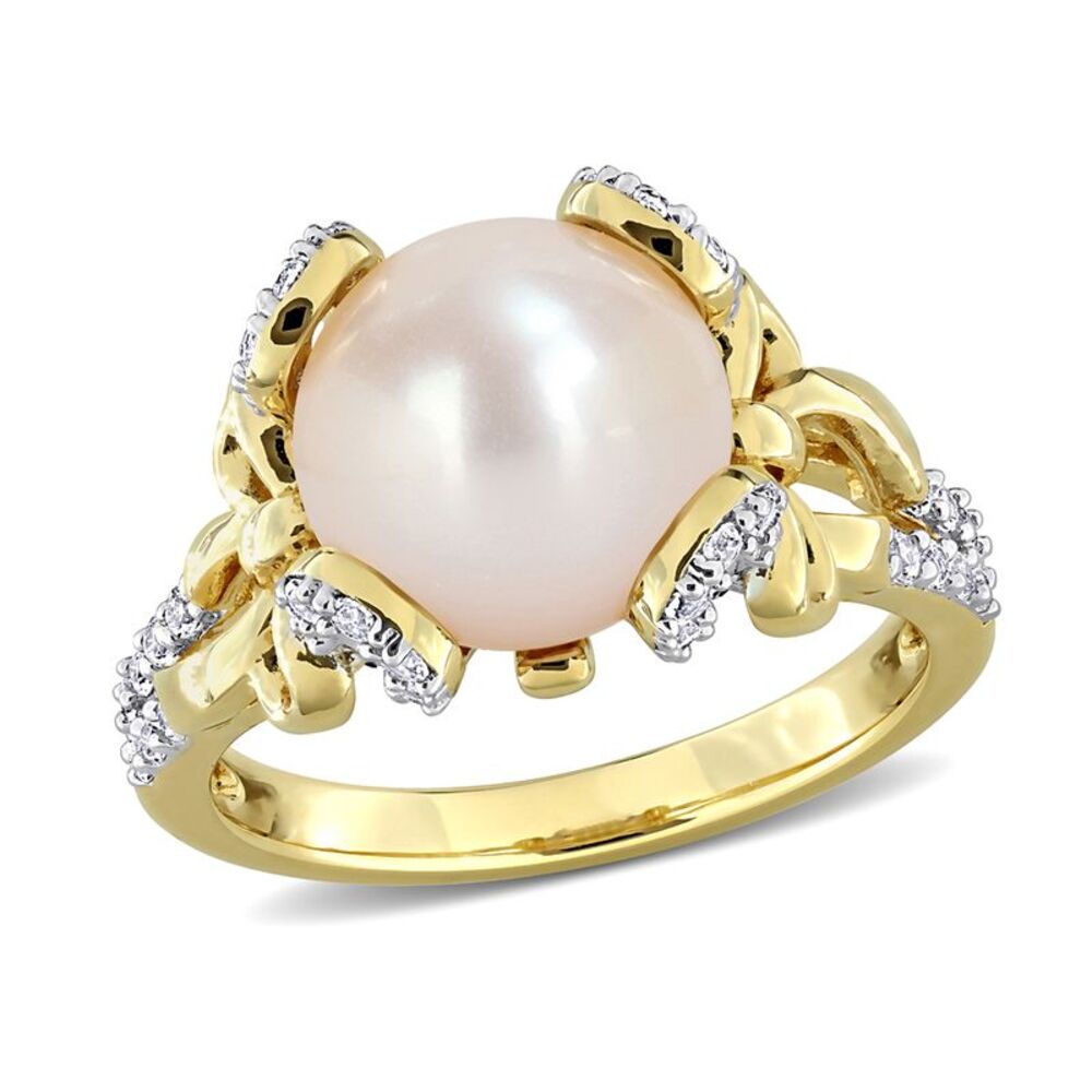 10-10.5mm Freshwater Cultured Pearl and White Topaz Ring in Yellow Plated Sterli
